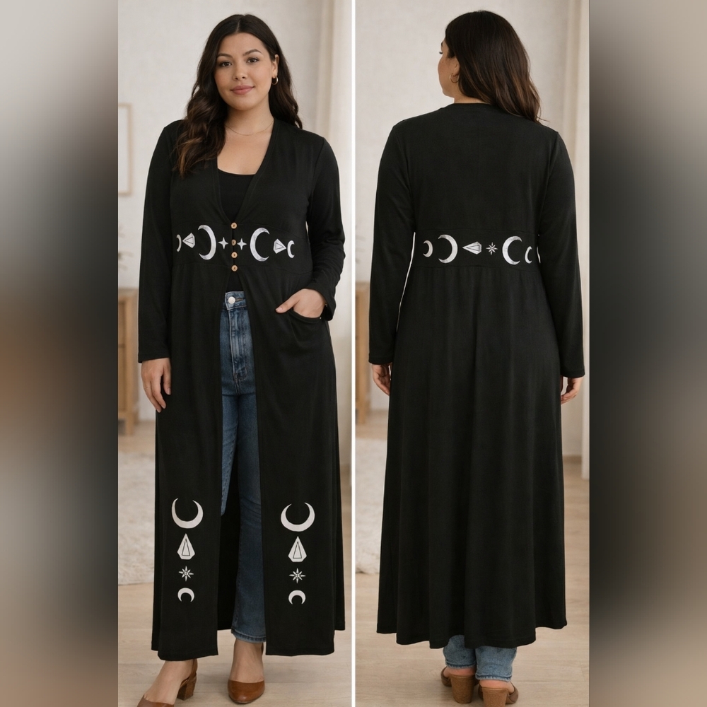 Black Celestial Print Long Cardigan Moon Star Duster Button Front Size M Witchy